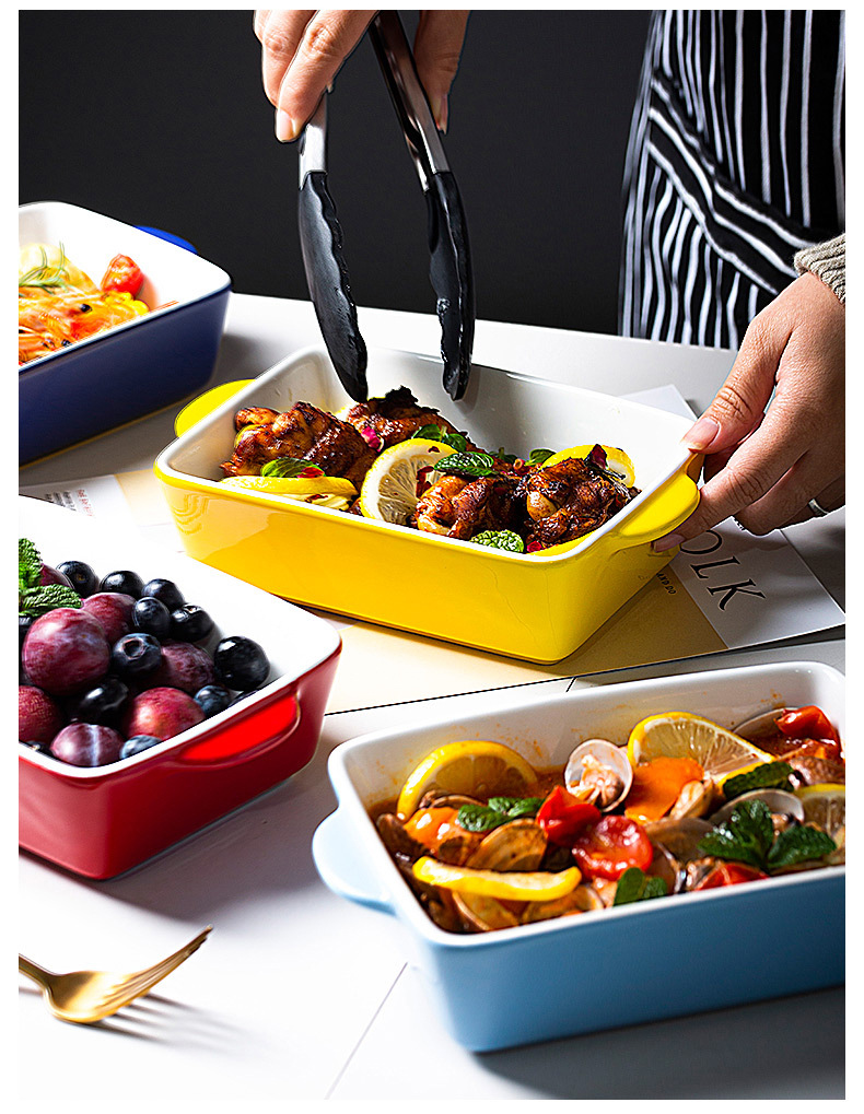 Nordic-style cheese-baked rice plates, baking trays, Morandi colored tableware, home rectangular Western-style pasta plates, snack baking bowls pic 3