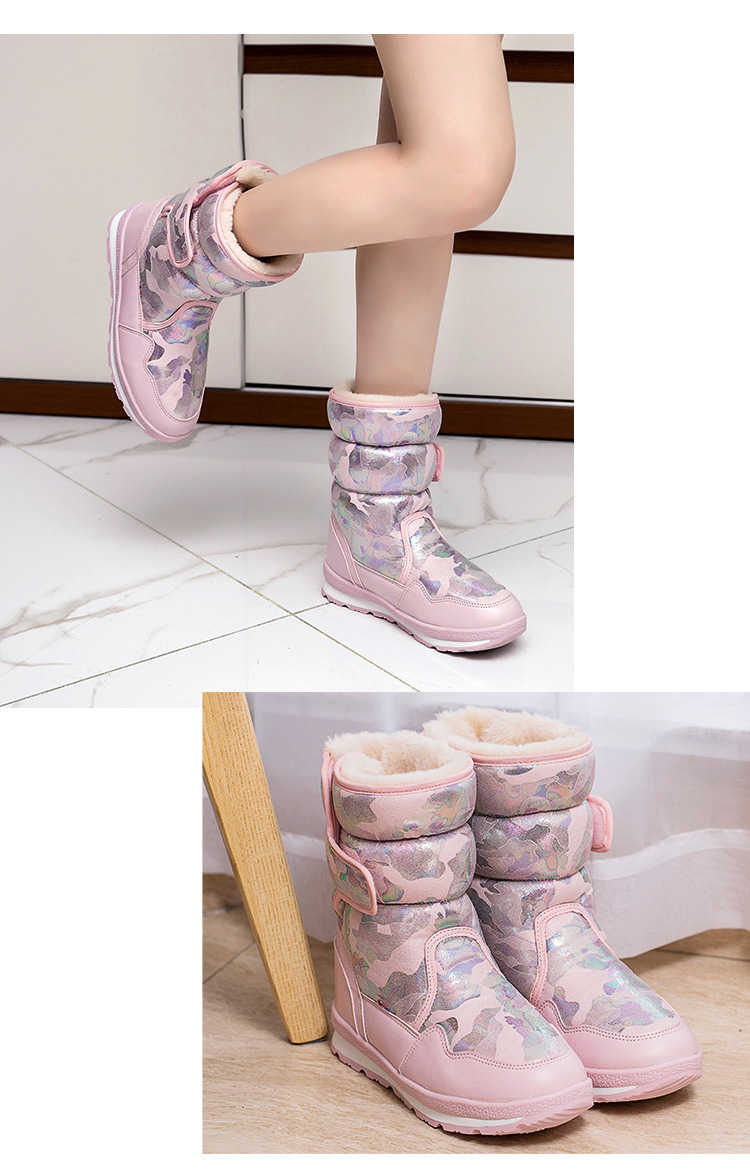 分销跨境魔术贴亲子儿童雪地靴防水防滑冬季中筒加绒加厚儿童冬鞋详情15
