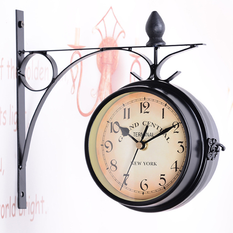 European-style home creative clock, ironwork pendant, wall clock manufacturer wholesale, retro decorative living room clock, double-sided wall clock pic 2