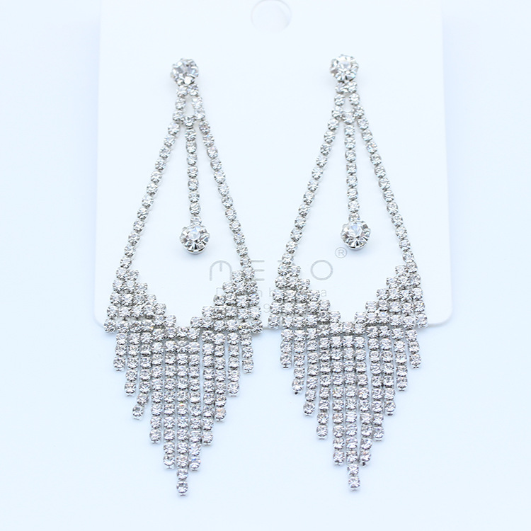 S925银针耳饰欧美时尚镶满钻耳坠简约复古水滴耳钉长款流苏耳环详情20
