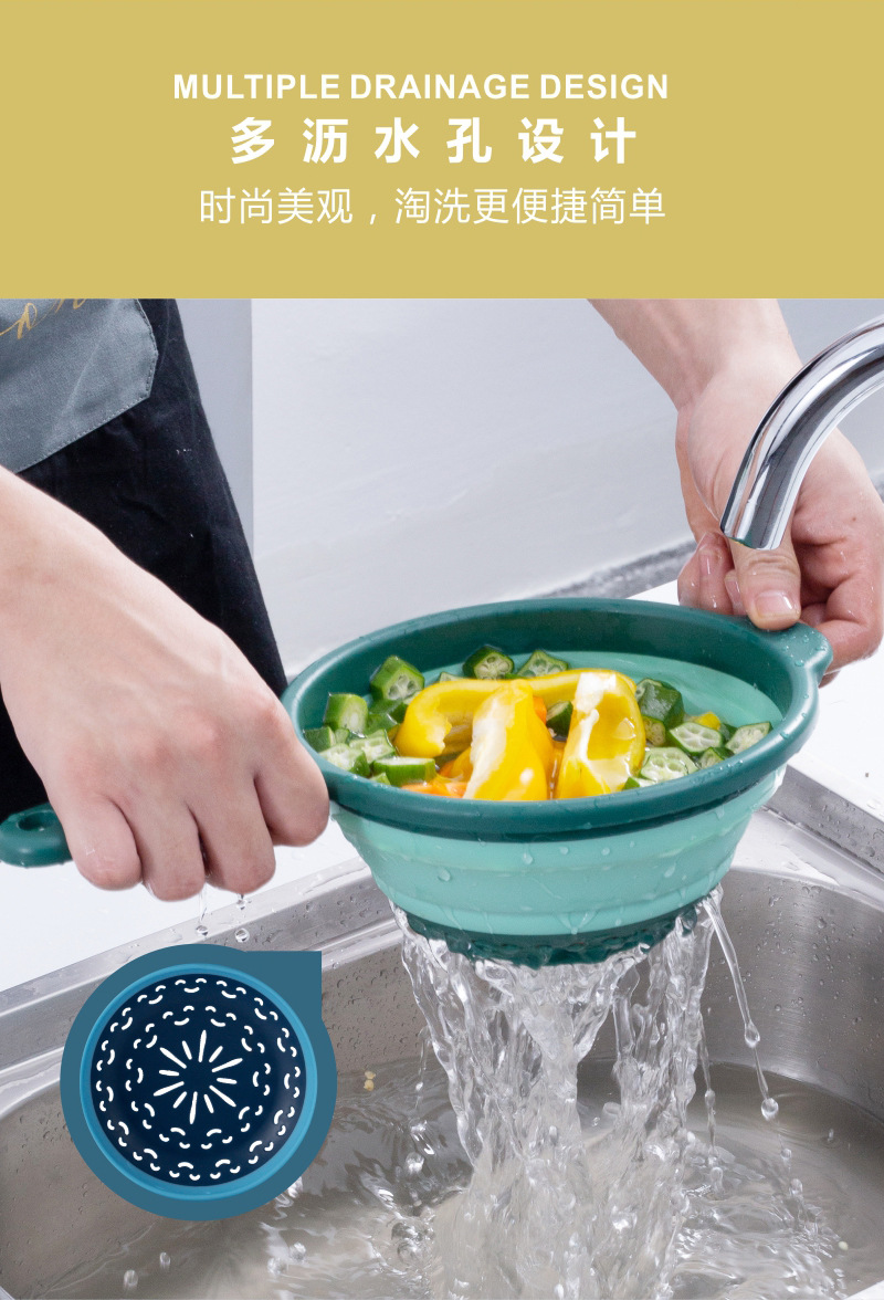 批发伸缩带柄沥水篮家用厨房果蔬洗菜篮滴水筛折叠可悬挂塑料盆详情6