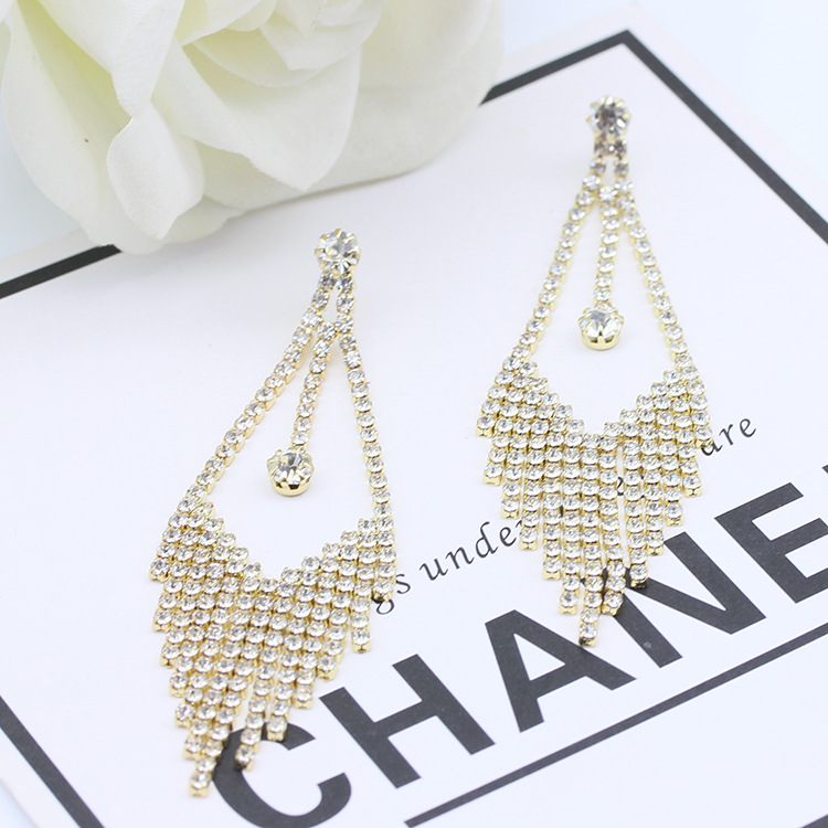 S925银针耳饰欧美时尚镶满钻耳坠简约复古水滴耳钉长款流苏耳环详情8