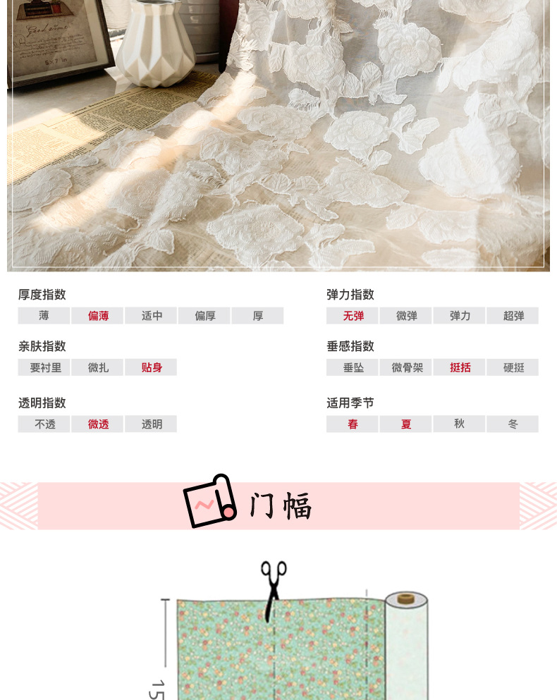 欧根纱浮雕提花纱剪花纱面料挺括蓬蓬裙连衣裙衬衣布料春夏花朵详情4