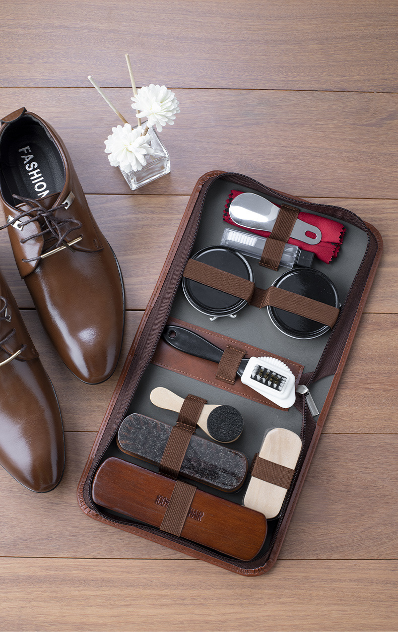 【 Small Wholesale 】 Horsehair brush shoe polish set, 9 pieces, 11 pieces, shoe polish brush, genuine leather care set pic 1