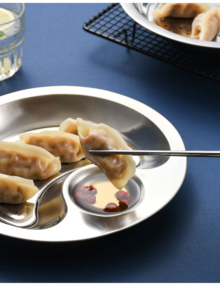 Thickened non-magnetic stainless steel dumpling plate, double-layer with vinegar dish, draining and oil-draining dumpling plate, household steamer plate, fast food restaurant pic 17