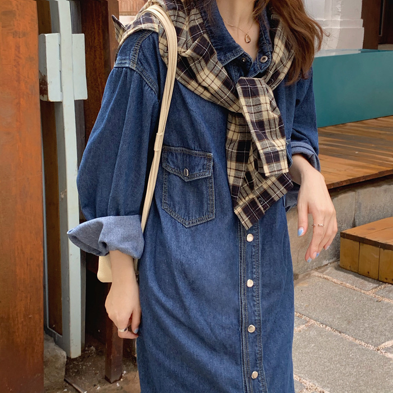 Real photos of homemade long-sleeved denim dress with a design sense, a Korean version slimming dress for women in stock pic 10