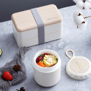 Japanese-style bamboo and wood lid double-layer plastic lunch box, microwave portable lunch box set, student and office worker lunch box pic 5