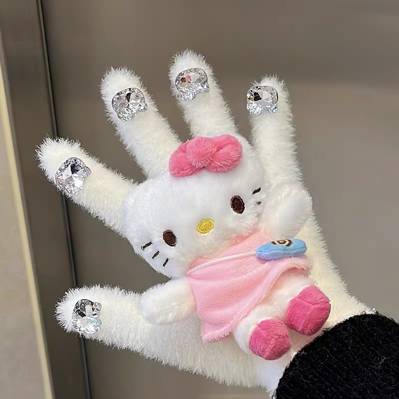 HelloKitty water diamond cute plush gloves for autumn and winter, Kitty Cat doll, warm knitted five-fingered gloves for girls pic 8