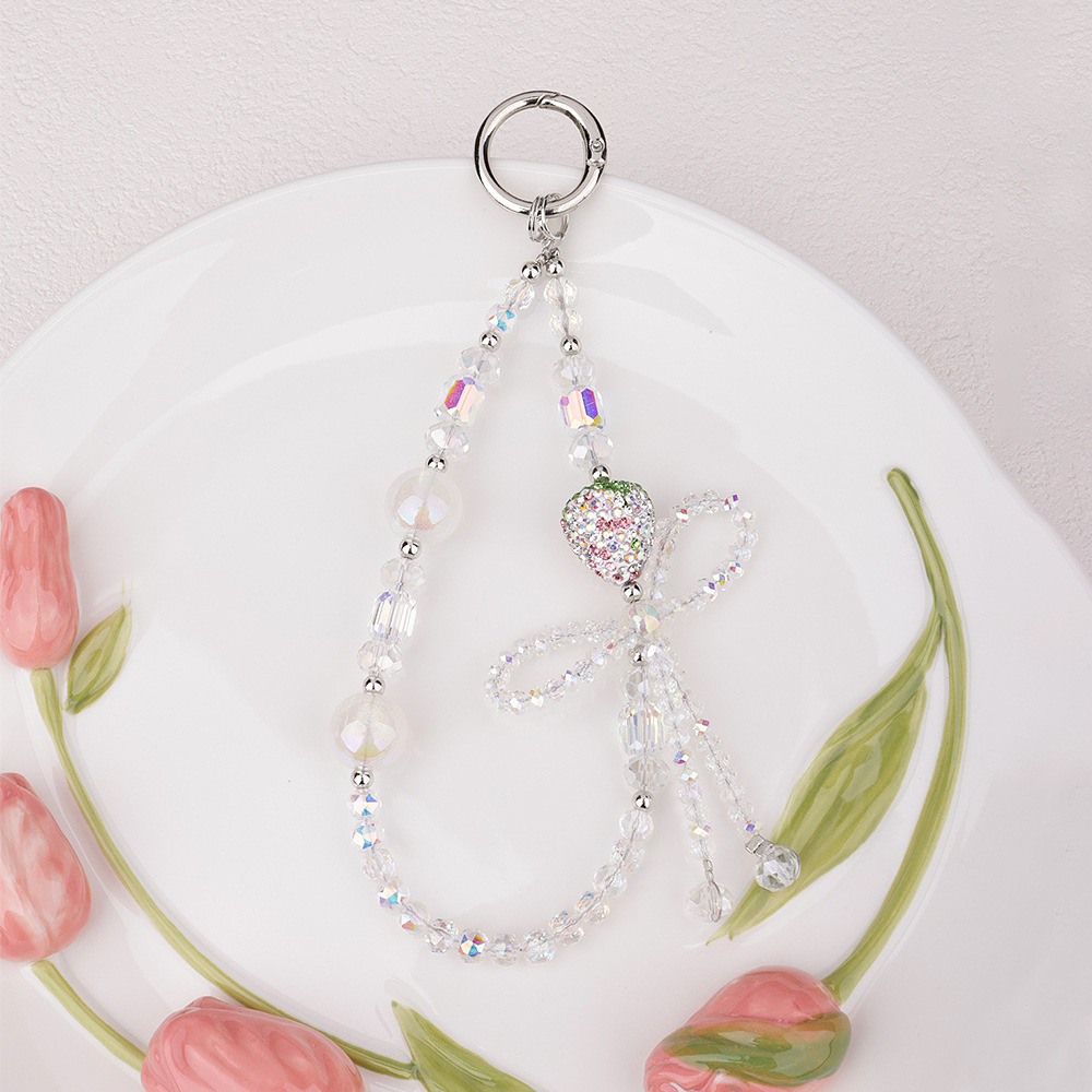 爆闪水钻水晶草莓蝴蝶结手机链带扣钥匙包包串珠挂链手机挂绳挂饰详情6