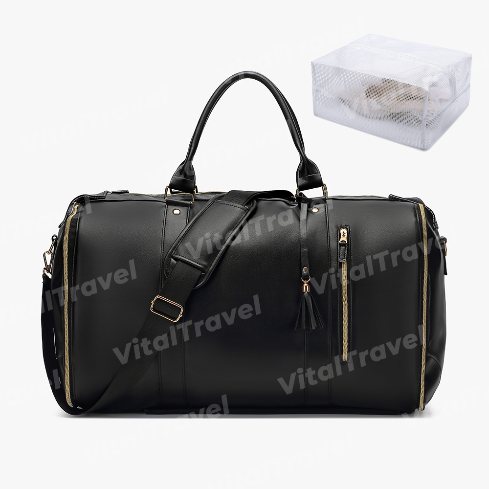 现货全黑色加厚PU面料可折叠旅行包随身服装行李袋可带上飞机便携详情16