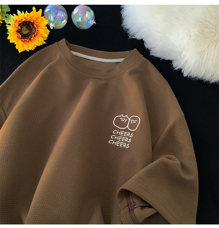 Waffle large-sized short-sleeved T-shirt for men, summer Korean style trendy clothing, printed loose half-sleeved American heavyweight T-shirt pic 23