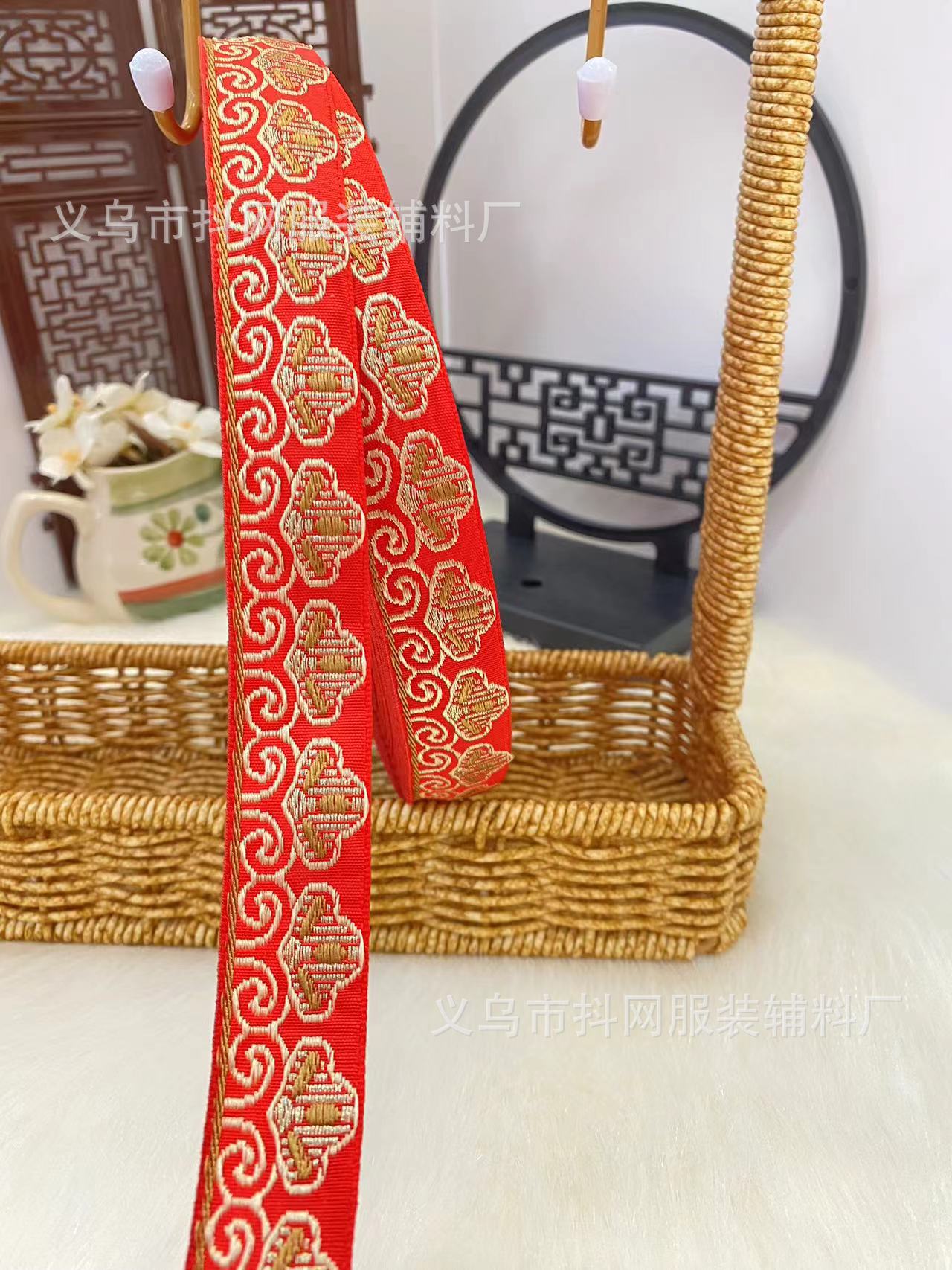 2.0- 2.5cm, bright red, festive, ethnic-style jacquard embroidery, webbing, wedding dress, hair accessories, headwear, performance costume accessories pic 3