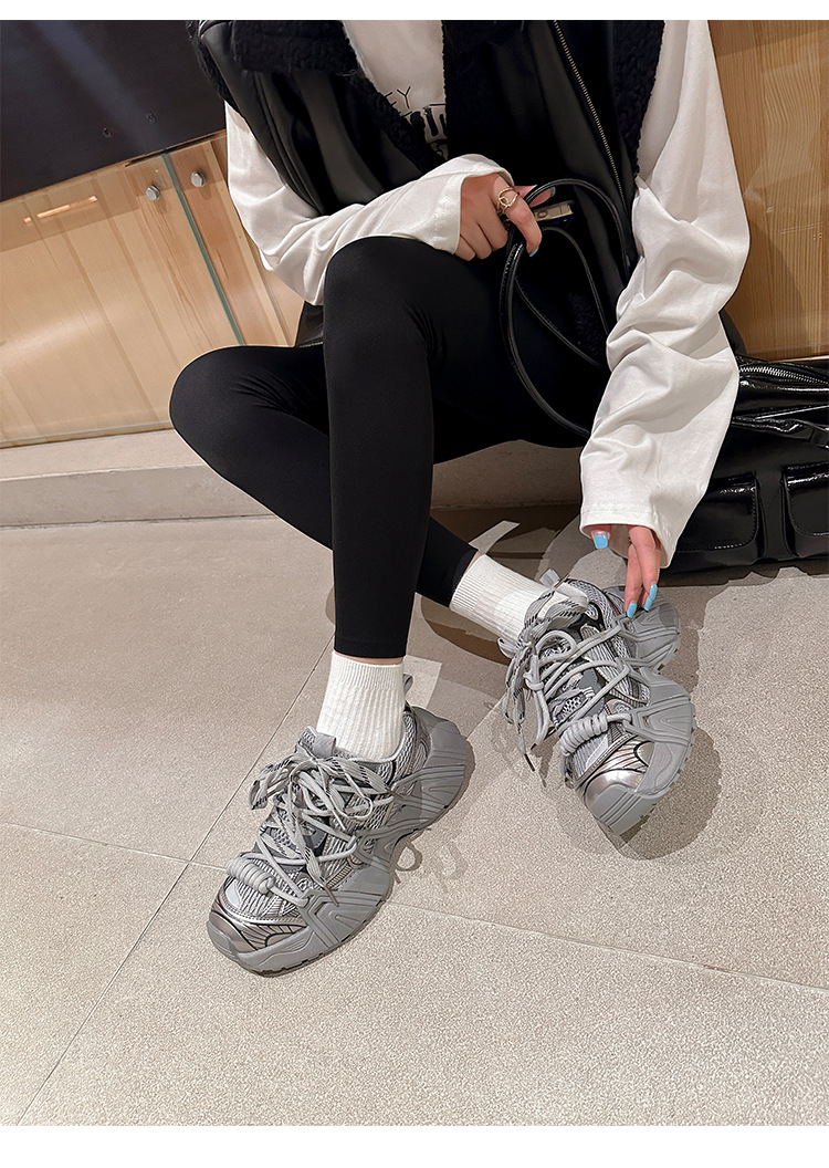 葡萄妈同款 画报女孩 时髦双鞋带网面拼接厚底增高老爹鞋女真皮详情68