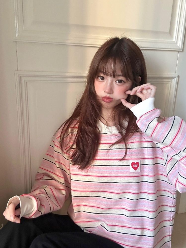 韩系甜美条纹圆领长袖t恤女秋季新款宽松显瘦慵懒风撞色百搭上衣详情4
