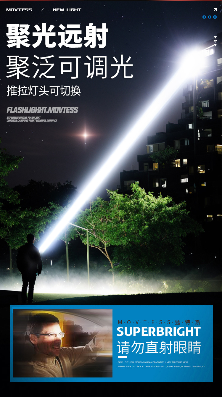 Cross-border flashlight, telescopic zoom flashlight, battery level display, long-lasting battery life, ultra-bright P50 zoom wholesale, USB charging pic 6