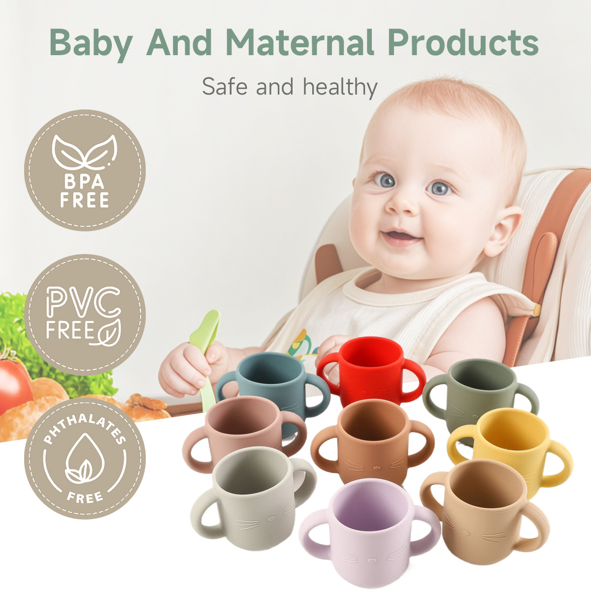 跨境儿童硅胶喂养水杯新国标防漏防摔卡通猫咪宝宝训练双耳学饮杯详情1