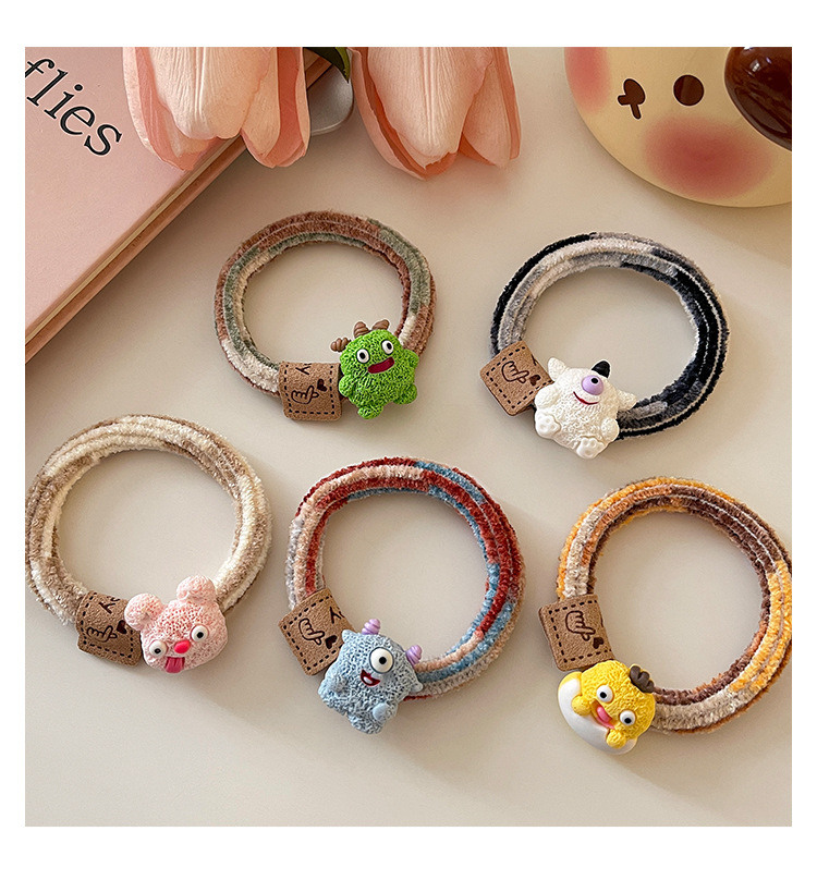 Cute cartoon monster hair tie for girls, double ponytails without hair bands, funny little leather covers, rubber bands and hair ties pic 8