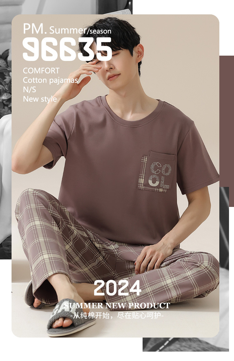 Summer pure cotton pajamas for men, cartoon casual short-sleeved shirts and long pants, pure cotton comfortable home wear, summer youth student set pic 23
