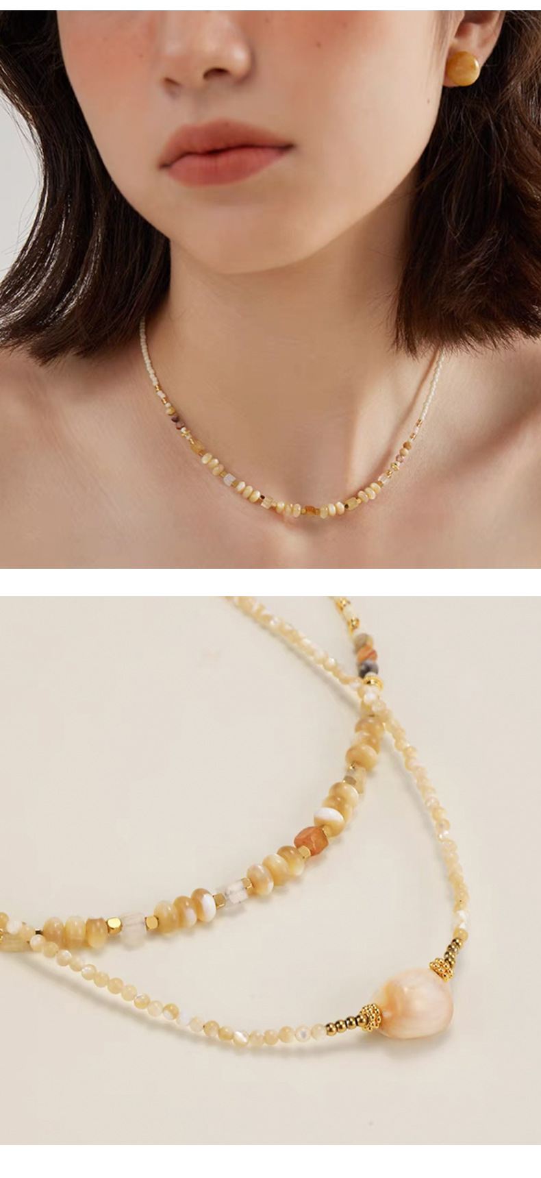 Natural stone beaded stacked necklace, double-layered vintage high-end style, horseshoe collarbone chain, niche design necklace pic 55