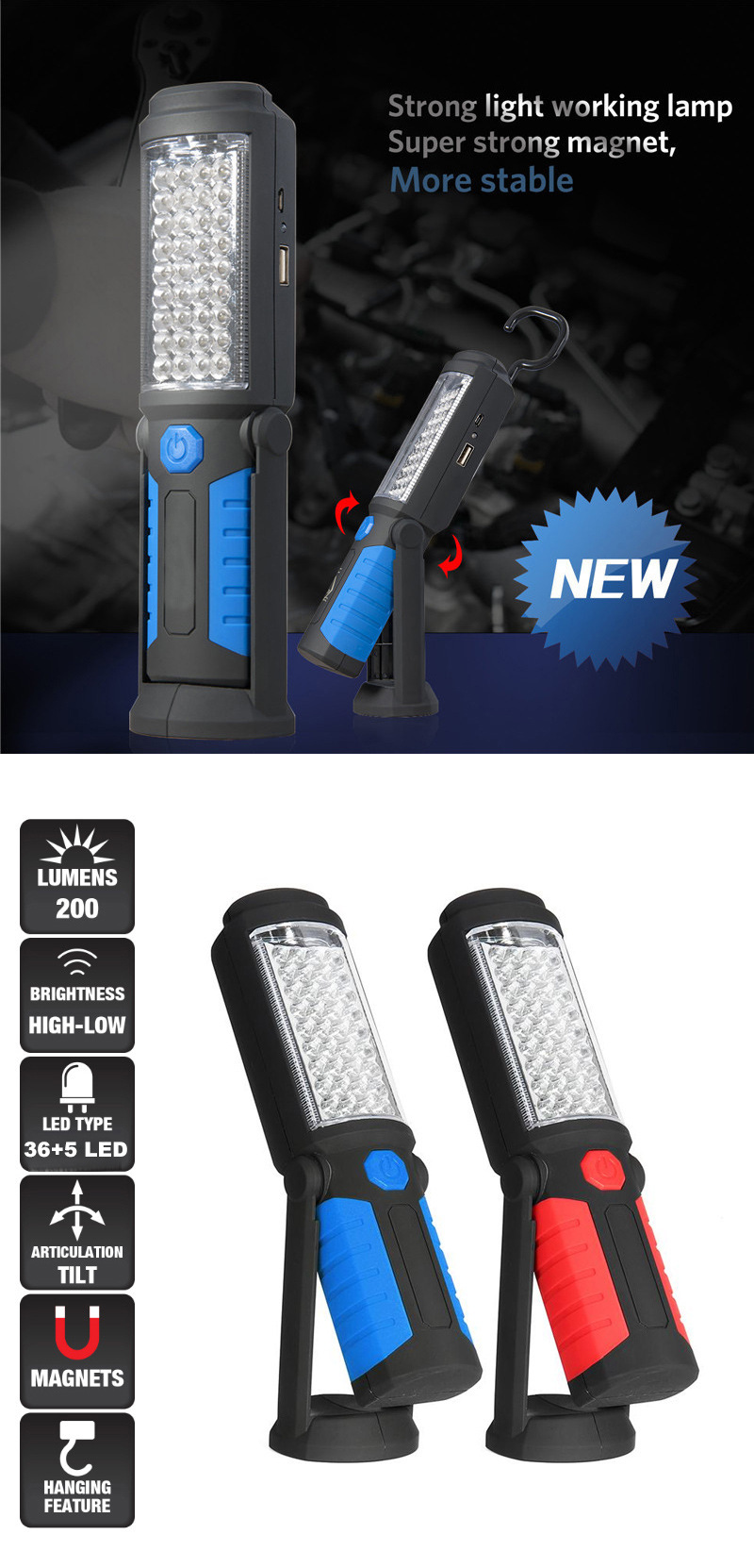 36+5LED emergency work light, USB charging work light with magnetic bracket, car maintenance light, inspection light, flashlight pic 2
