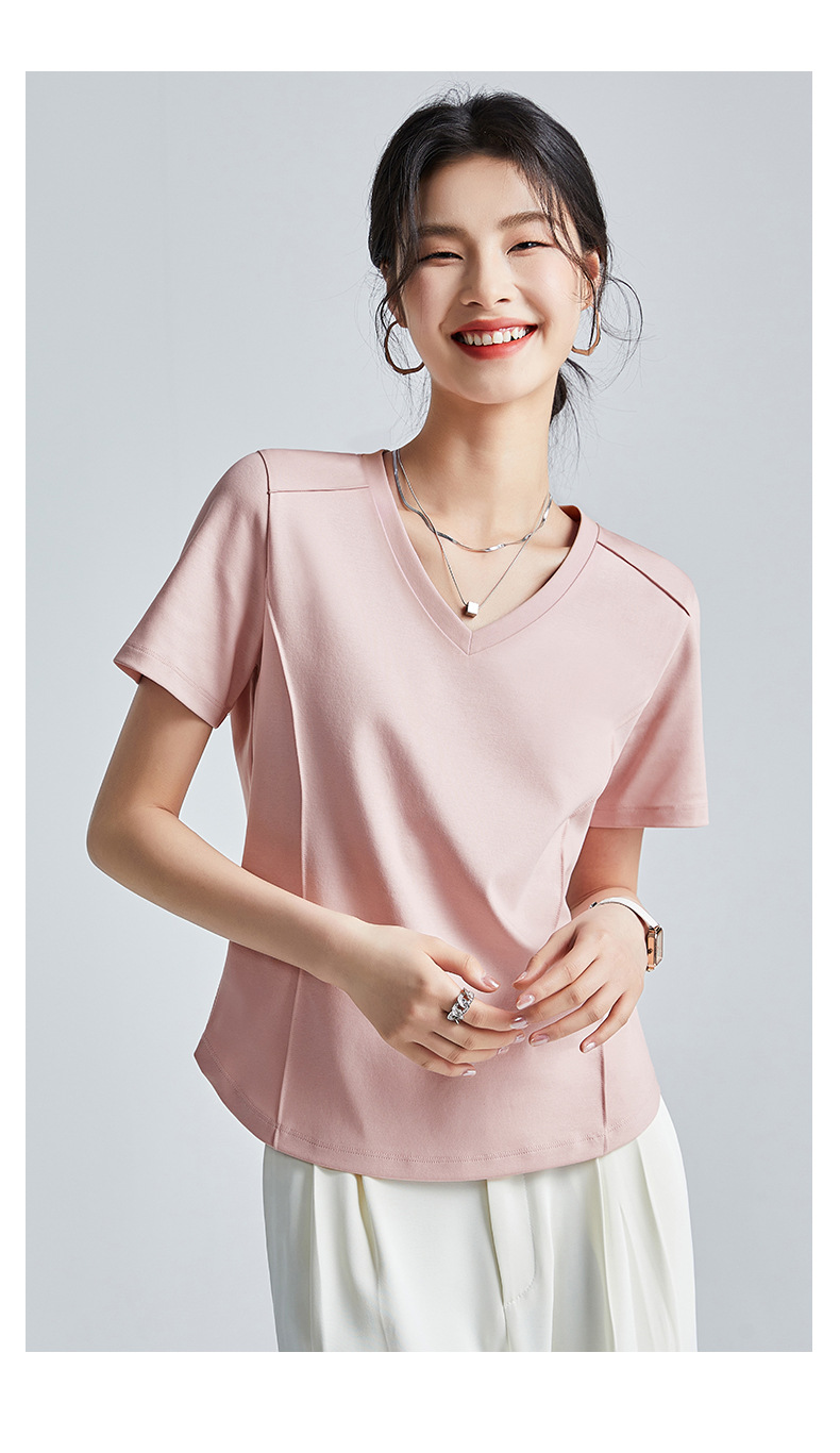 The same style of white short-sleeved off-the-shoulder T-shirt for women in the mall, 25 summer mercerized cotton round-neck base layer T-shirt, half-sleeved pic 39