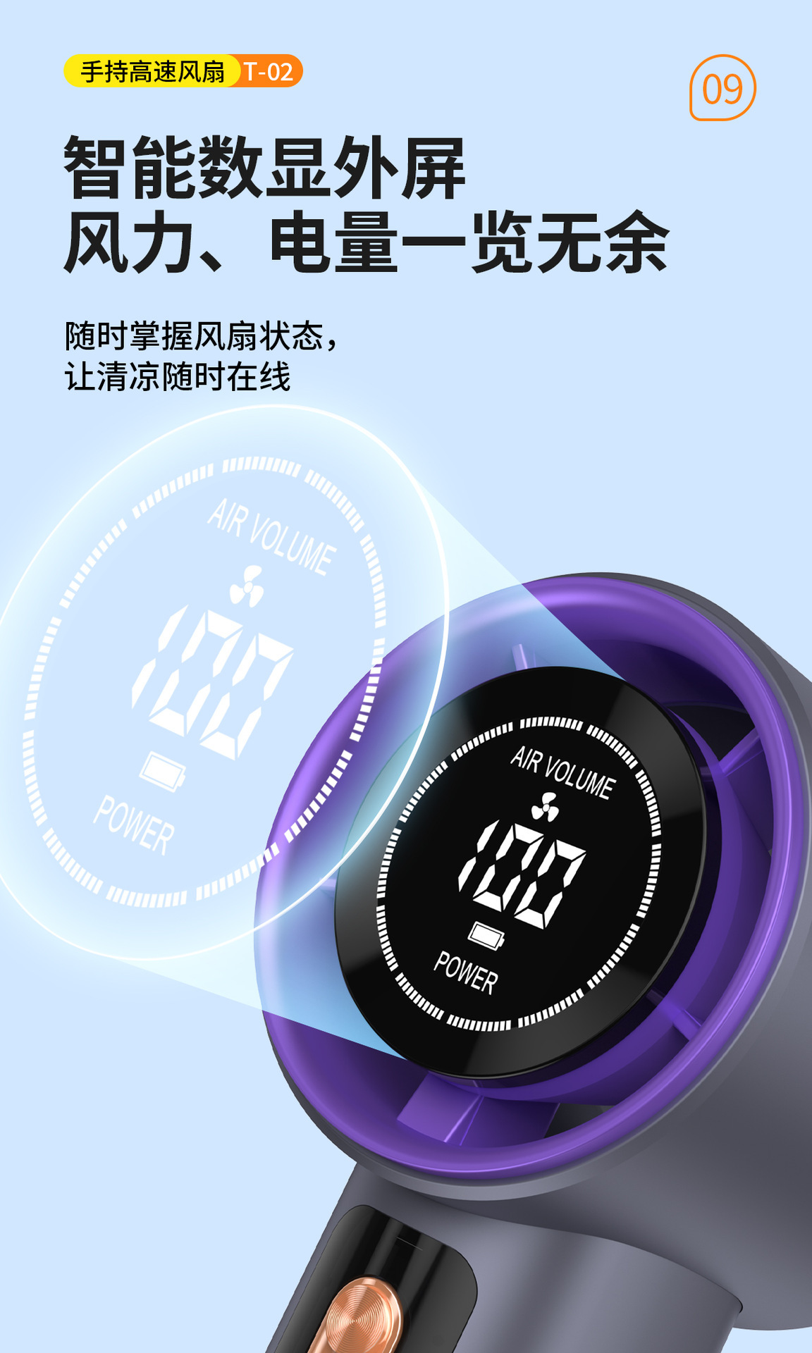 跨境新款T02高速手持风扇usb便携充电100档户外暴力涡轮小风扇详情9