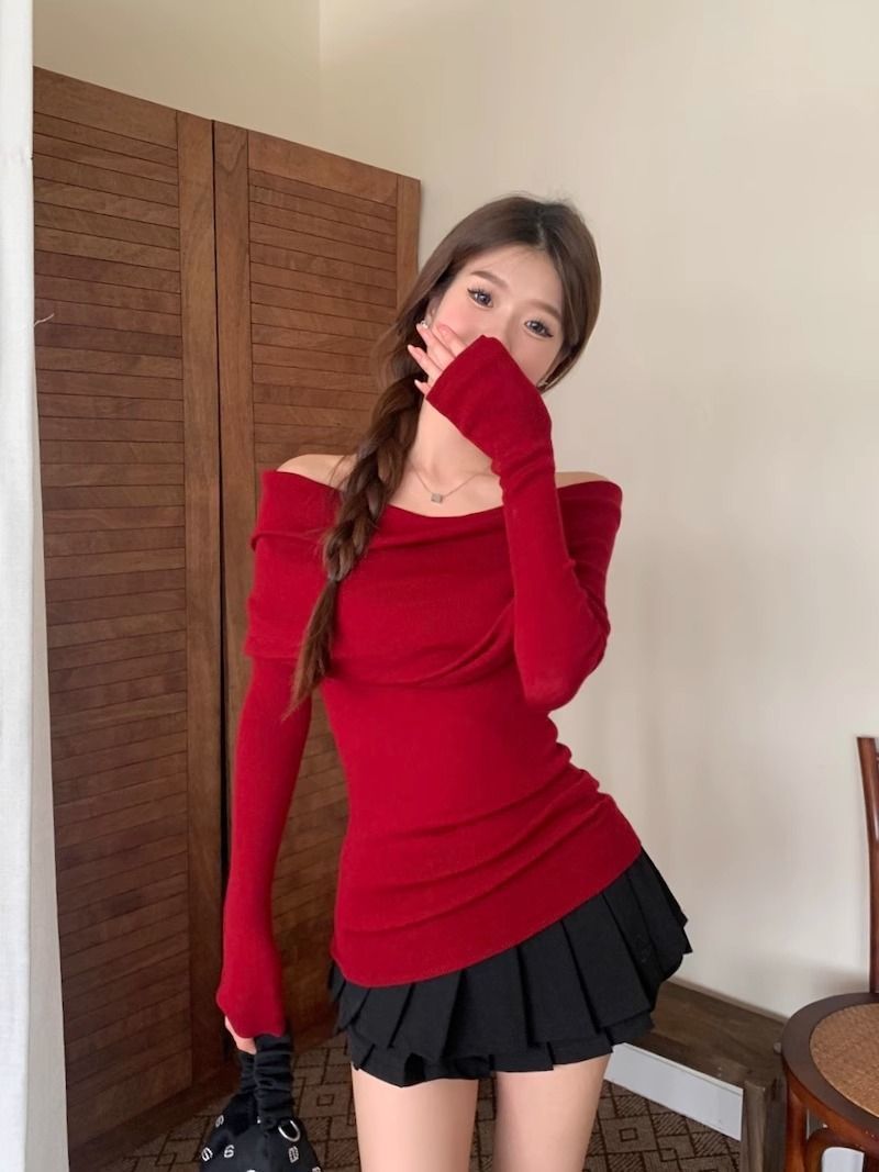 露肩一字肩上衣针织衫女秋装新款修身长袖红色漏肩黑色一字领毛衣详情8