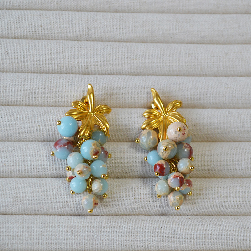 欧美复古文艺石头串珠树叶葡萄珍珠法式小众气质925银针耳环耳饰详情4