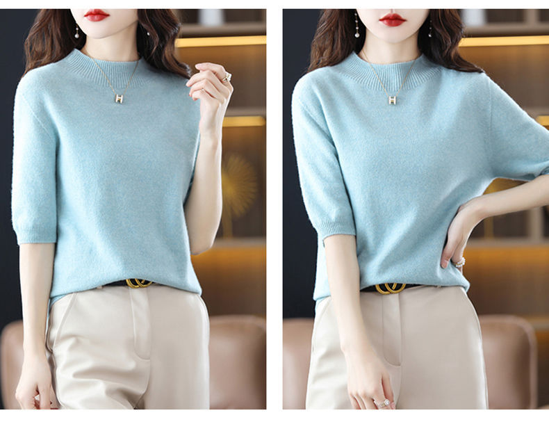 A semi-high-neck casual knitted sweater for women in spring 2023, in a solid color, paired with a half-sleeved base layer sweater T-shirt pic 27