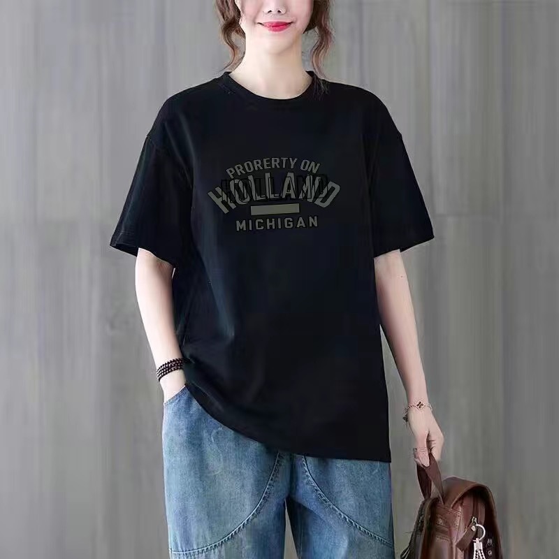 夏季新款100%纯棉短袖t恤女士洋气时尚大码百搭小众圆领宽松上衣详情14
