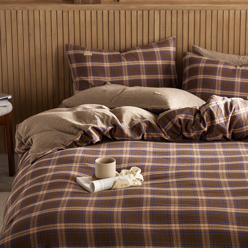 All-cotton Class A double-layer yarn four-piece set, double-layer yarn quilt cover and bed sheet four-piece set, pure cotton double-layer yarn checkered four-piece set pic 38