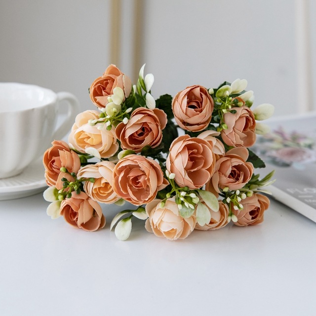 仿真5叉玫瑰小茶苞花束婚庆手捧花假花简约家居客厅餐桌摆设花艺详情10