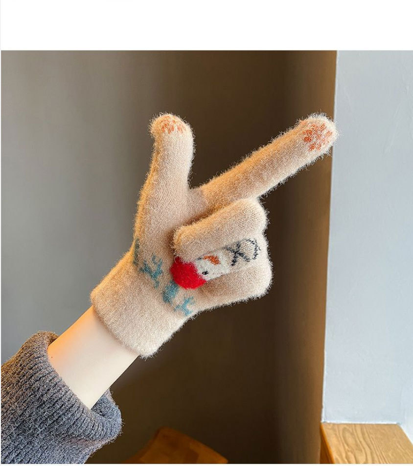毛线手套女冬季可爱雪人针织可触屏加厚保暖骑行车五指冬天防寒棉详情12