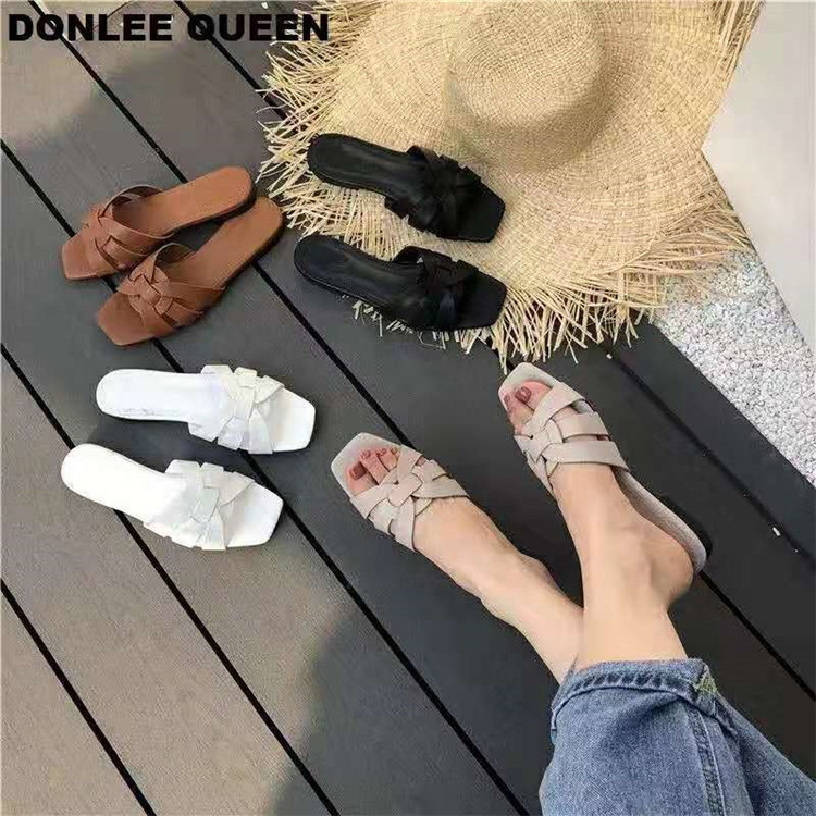 外贸大码女鞋低跟Women slippers欧美方头平底沙滩一字女士半拖鞋详情5