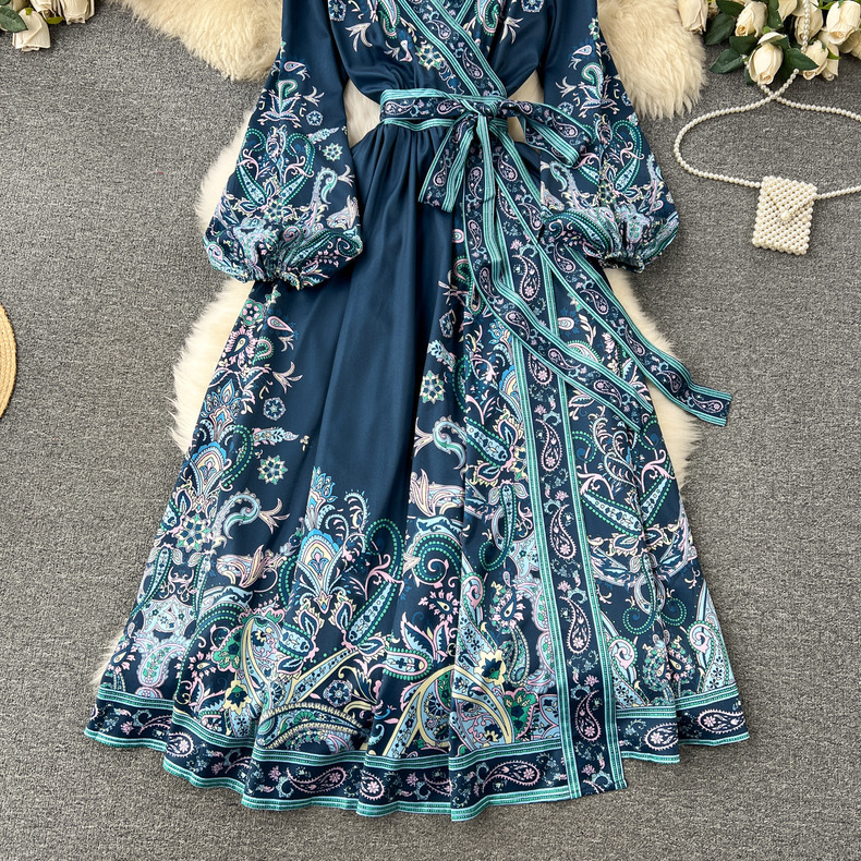 Cross-border 2024 new French high-end one-piece lace-up waist print dress, a light luxury and elegant long dress for women pic 4