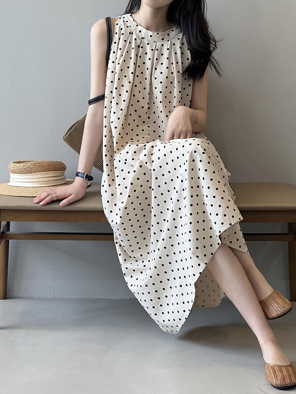 言双 波点无袖连衣裙2024夏季新款韩系圆领a字气质背心裙82016 pic 30