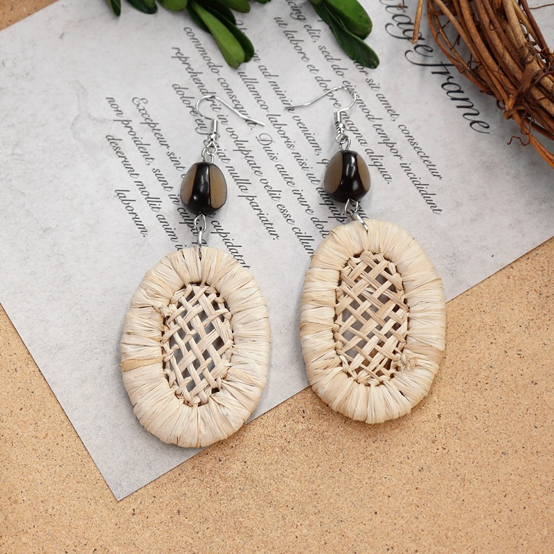 新夏季波西米亚复古度假草藤编织耳环女气质长款海岛沙滩木质耳饰详情13