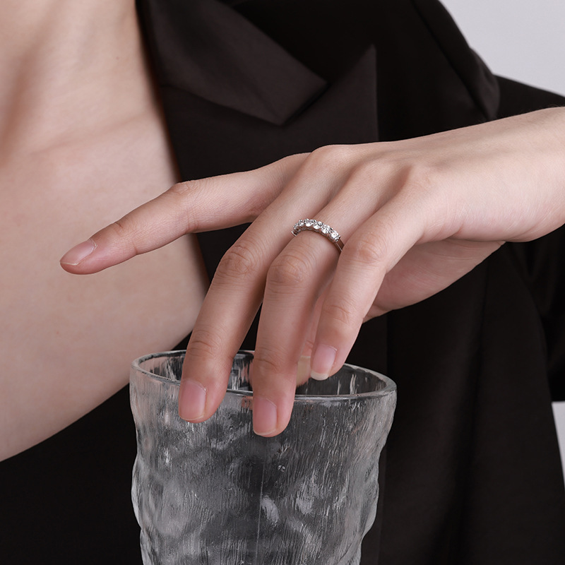 Fashion Trend Seven Princess Stacked Moissanite Row Ring, a simple and elegant half-ring diamond ring in pure silver for women pic 6