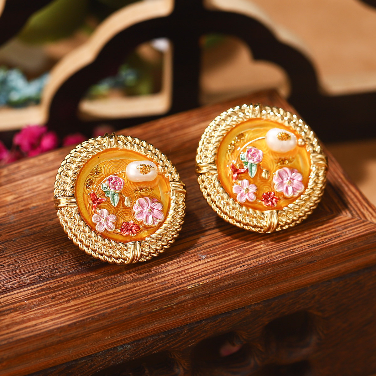 恶魔之眼珍珠夸张开口戒指莫奈花园油画系列流苏花卉珐琅耳环批发详情42