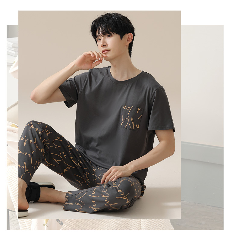 Summer pure cotton pajamas for men, cartoon casual short-sleeved shirts and long pants, pure cotton comfortable home wear, summer youth student set pic 107