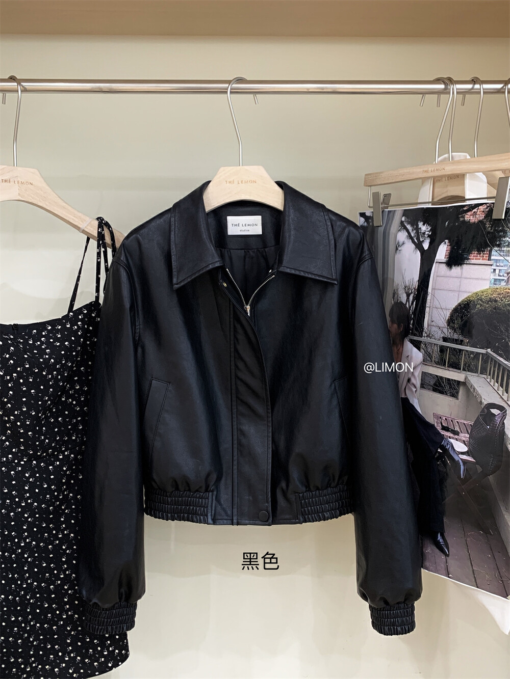 THE LIMON柠檬绿茶韩版复古翻领拉链黑色PU皮衣女高级感短外套春详情12
