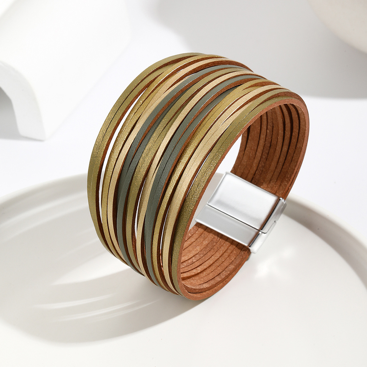 新款亚马逊多条渐变男手环皮绳混色百搭女士PU皮革皮手链磁扣手镯详情6