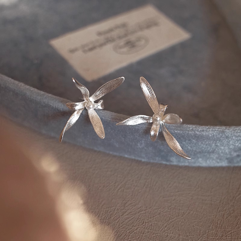 925 sterling silver Shi Family Pearl Orchid Stud earrings for women, simple new Chinese style design, artistic and sweet flower earrings 8705A pic 7