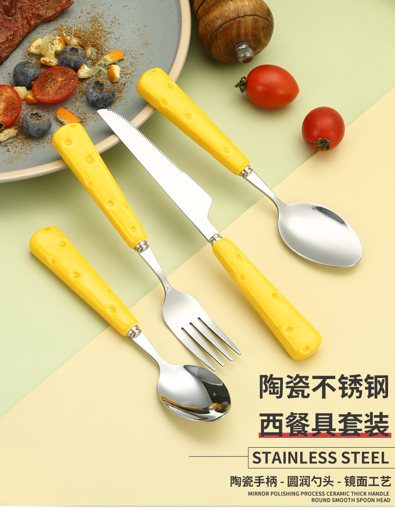 Stainless steel cheese tableware set, knife, fork, spoon, dessert spoon, light luxury ceramic handle, new style, cute girl, high appearance level pic 2