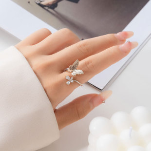A light luxury and high-end lace-trimmed butterfly pearl open ring, copper alloy inlaid with zircon, adjustable index finger ring pic 1