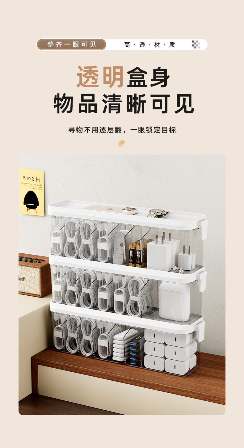Data cable storage box, desktop charger, mobile phone power cord organizing wonder, acrylic dust-proof cable organizer with cover pic 7