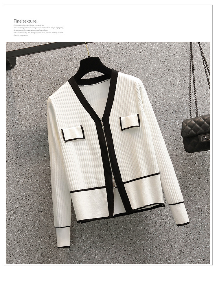 A 200-pound large-sized chanel-style knitted cardigan for early autumn, a V-neck double zipper loose, waist-cinching and slimming base layer for women pic 12