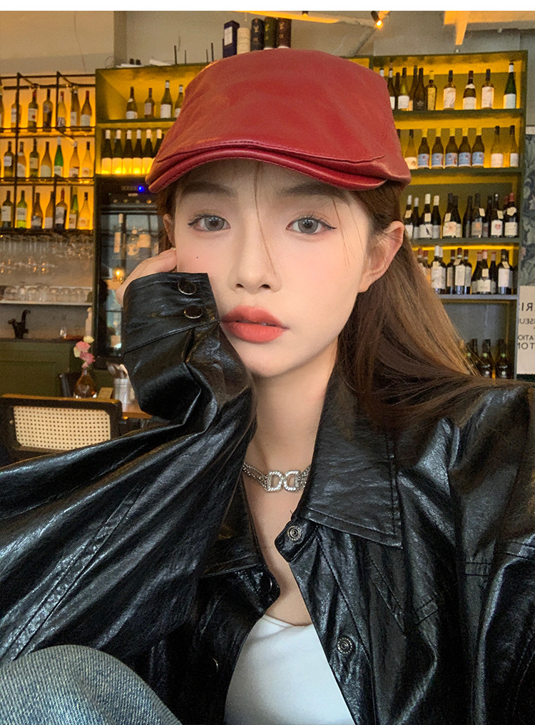 Red retro leather front hat, Korean style versatile duck tongue beret, fashionable newsboy cap, face-showing small hat pic 6