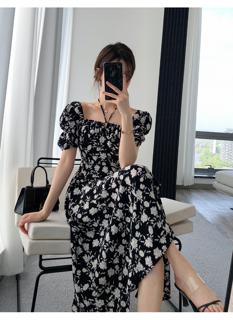 2024 New lantern-sleeved chiffon floral print dress for women, a summer style, French slit style, square neck long dress pic 5