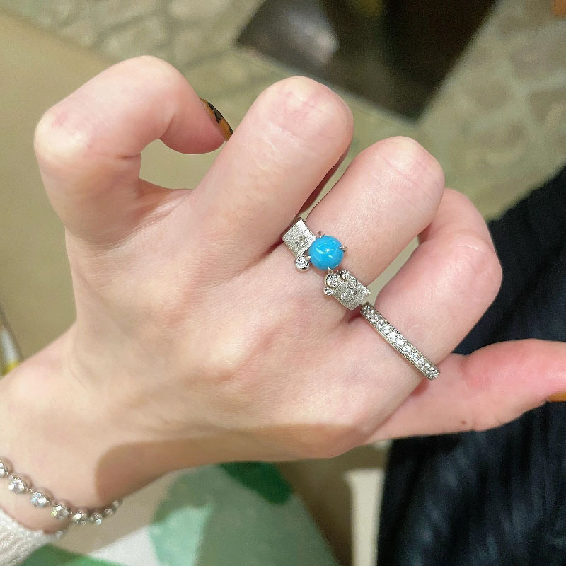 Retro new Chinese-style brushed four-prong turquoise ring, hand-brushed satin design, small and exquisite traditional Chinese style ring pic 3